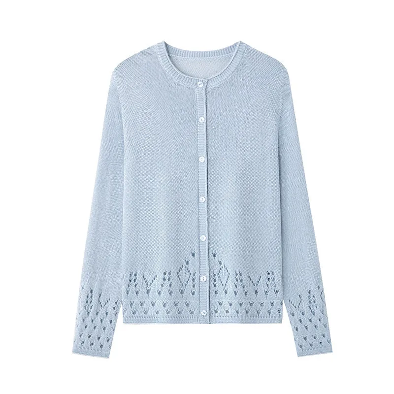 Damen Feiner Feinstrick-Cardigan mit Ajourmuster am Saum und Rundhalsausschnitt Nord Taschen