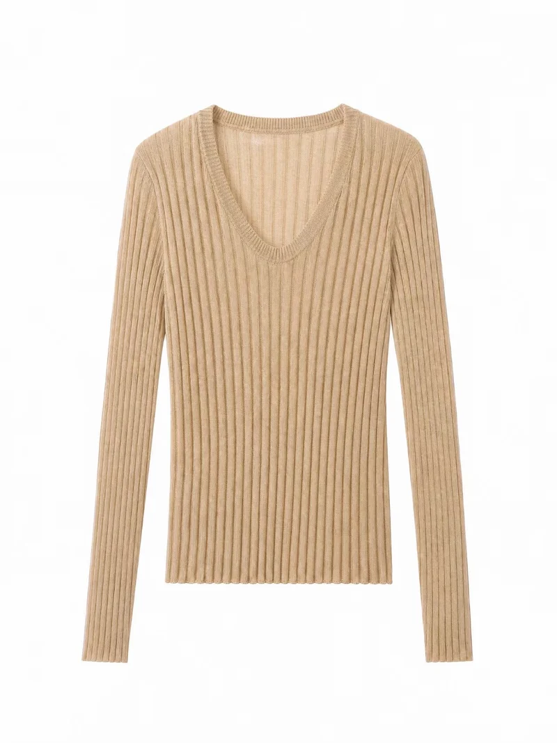 Damen Enges Feinstrick-Longsleeve mit tiefem V-Ausschnitt und breiter Rippenstruktur Nord Taschen