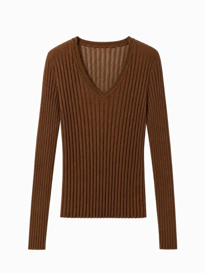 Damen Enges Feinstrick-Longsleeve mit tiefem V-Ausschnitt und breiter Rippenstruktur Nord Taschen
