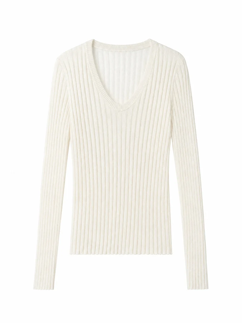 Damen Enges Feinstrick-Longsleeve mit tiefem V-Ausschnitt und breiter Rippenstruktur Nord Taschen