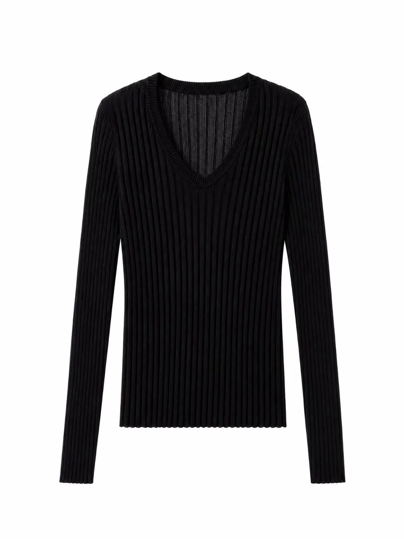 Damen Enges Feinstrick-Longsleeve mit tiefem V-Ausschnitt und breiter Rippenstruktur Nord Taschen