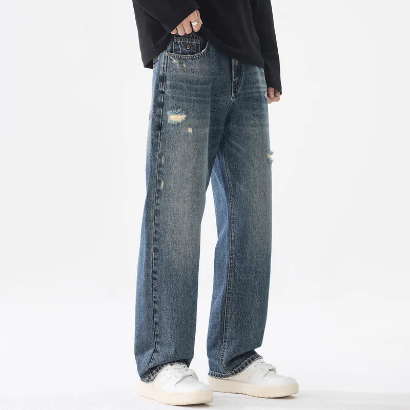 Herren Weite Relaxed-Straight Jeans aus robustem Baumwoll-Denim mit Destroyed-Akzenten Nord Taschen