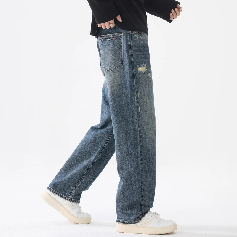 Herren Weite Relaxed-Straight Jeans aus robustem Baumwoll-Denim mit Destroyed-Akzenten Nord Taschen