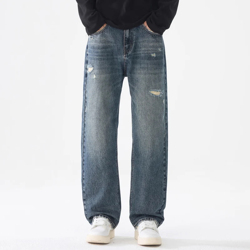 Herren Weite Relaxed-Straight Jeans aus robustem Baumwoll-Denim mit Destroyed-Akzenten Nord Taschen