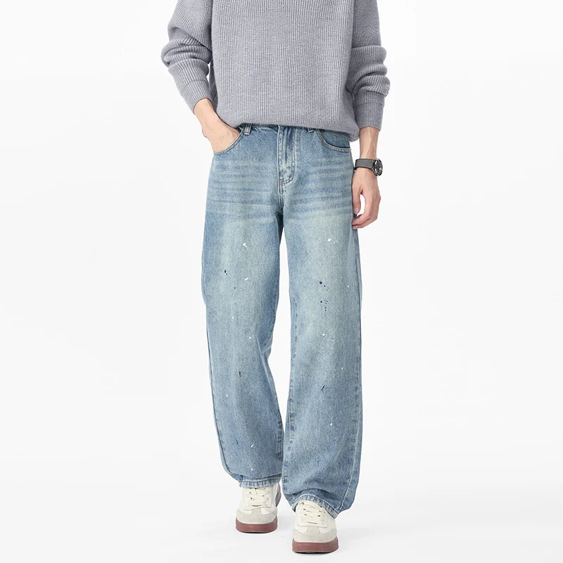 Herren Weite Relaxed-Fit Denimhose mit Paint‑Splatter und Used‑Effekt Nord Taschen