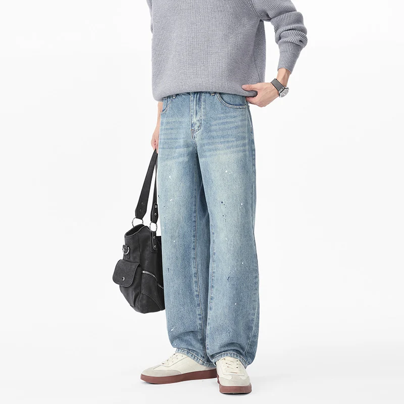 Herren Weite Relaxed-Fit Denimhose mit Paint‑Splatter und Used‑Effekt Nord Taschen