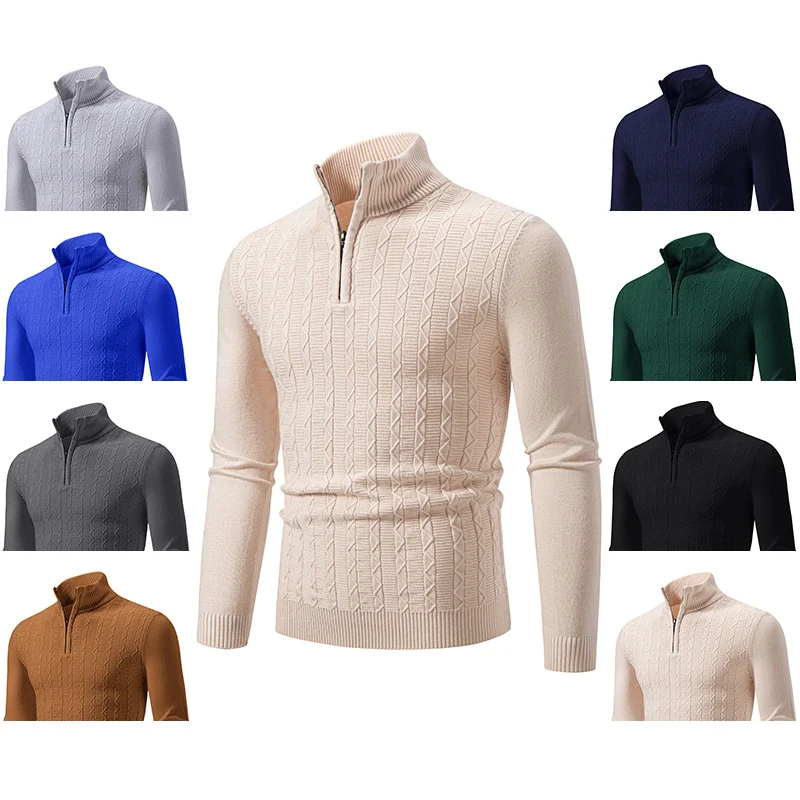 Herren Feiner Zopfstrick-Halbzippullover mit Mockneck und geripptem Saum Nord Taschen