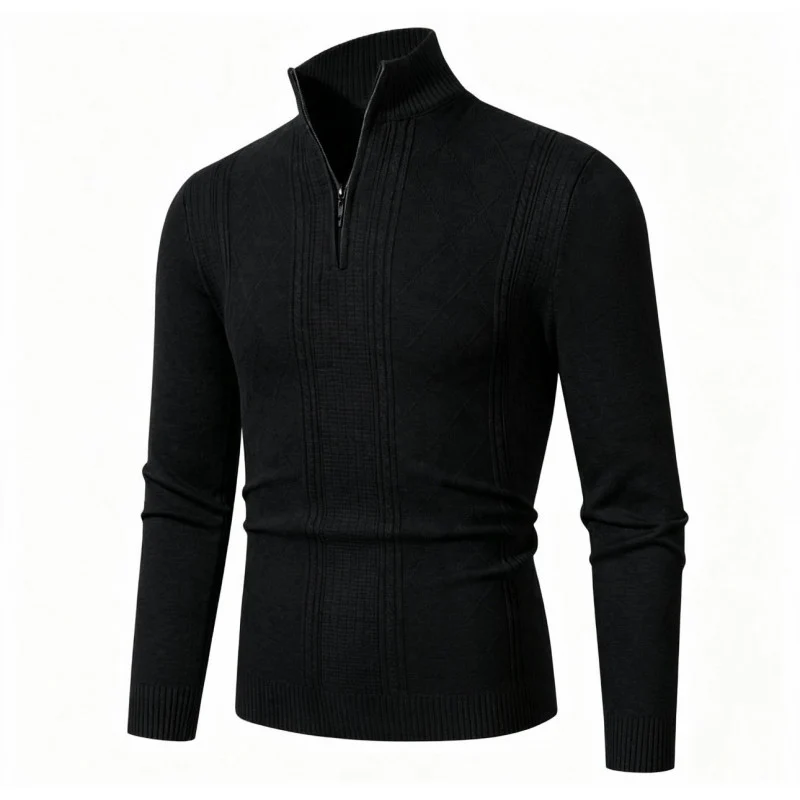 Herren Feiner Halbzip-Rollkragenpullover mit Strukturstreifen und körpernahem Schnitt Nord Taschen