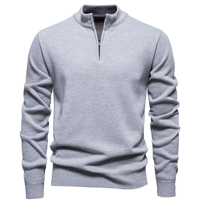 Herren Feiner Halbzip‑Mockneck‑Pullover aus Baumwollmix mit geripptem Kragen und Saum Nord Taschen