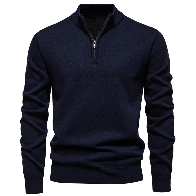 Herren Feiner Halbzip‑Mockneck‑Pullover aus Baumwollmix mit geripptem Kragen und Saum Nord Taschen