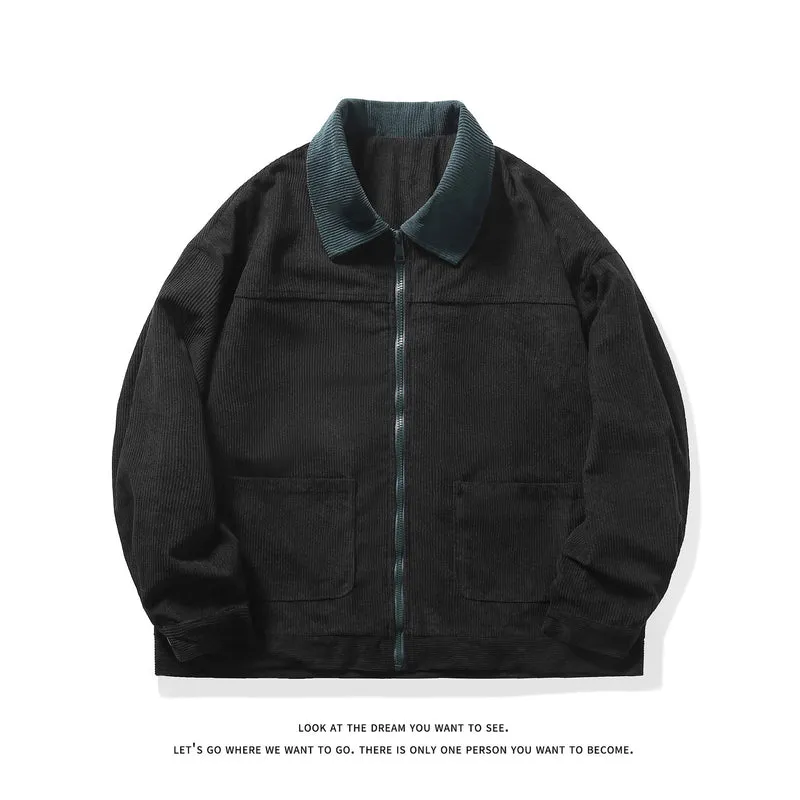 Herren Feincord-Übergangsjacke mit durchgehendem Reißverschluss, Kontrastkragen und aufgesetzten Taschen Nord Taschen