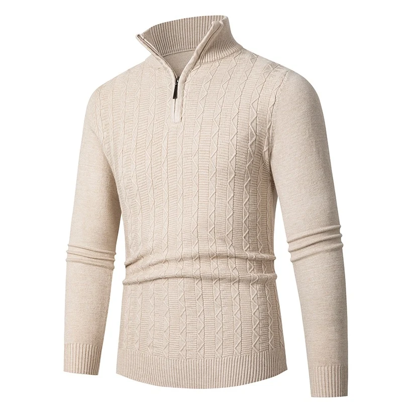 Herren Enganliegender Halbzip-Strukturpullover aus Merino‑Mix mit Zopfmuster und Stehkragen Nord Taschen