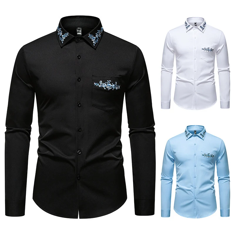 Herren Elegantes Slim-Fit Hemd mit floraler Stickerei am Kragen und aufgesetzter Brusttasche Nord Taschen