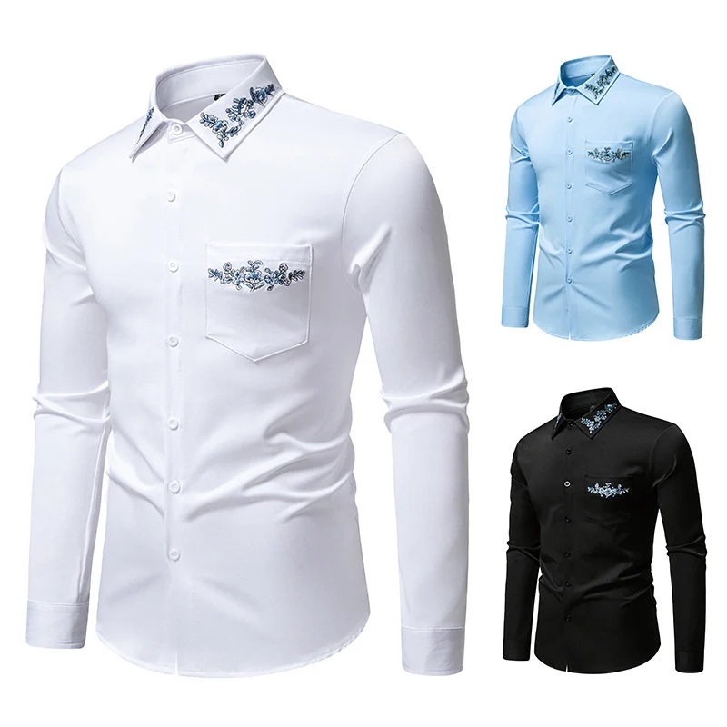 Herren Elegantes Slim-Fit Hemd mit floraler Stickerei am Kragen und aufgesetzter Brusttasche Nord Taschen