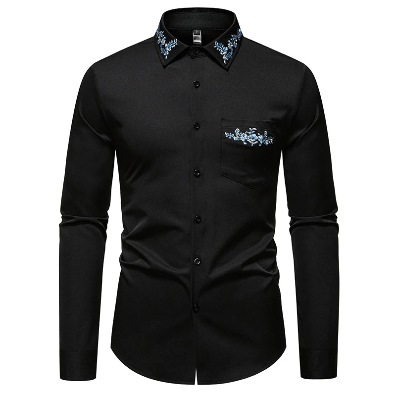 Herren Elegantes Slim-Fit Hemd mit floraler Stickerei am Kragen und aufgesetzter Brusttasche Nord Taschen