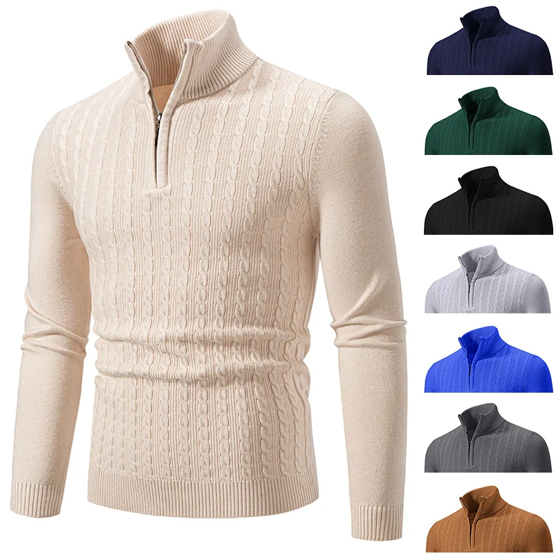 Herren Eleganter Zopfmuster-Halbzip-Pullover mit hohem Stehkragen und schmaler Passform Nord Taschen