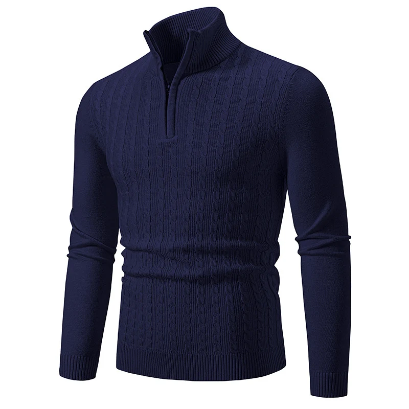 Herren Eleganter Zopfmuster-Halbzip-Pullover mit hohem Stehkragen und schmaler Passform Nord Taschen