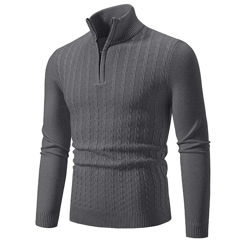 Herren Eleganter Zopfmuster-Halbzip-Pullover mit hohem Stehkragen und schmaler Passform Nord Taschen