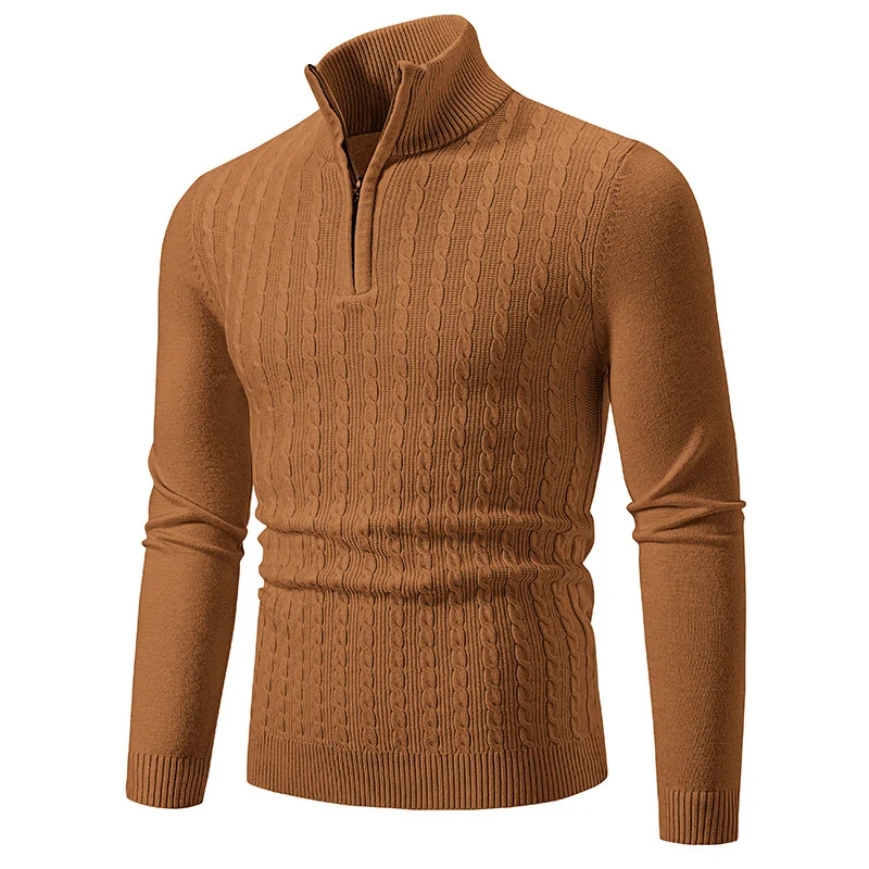 Herren Eleganter Zopfmuster-Halbzip-Pullover mit hohem Stehkragen und schmaler Passform Nord Taschen