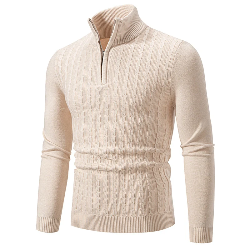 Herren Eleganter Zopfmuster-Halbzip-Pullover mit hohem Stehkragen und schmaler Passform Nord Taschen
