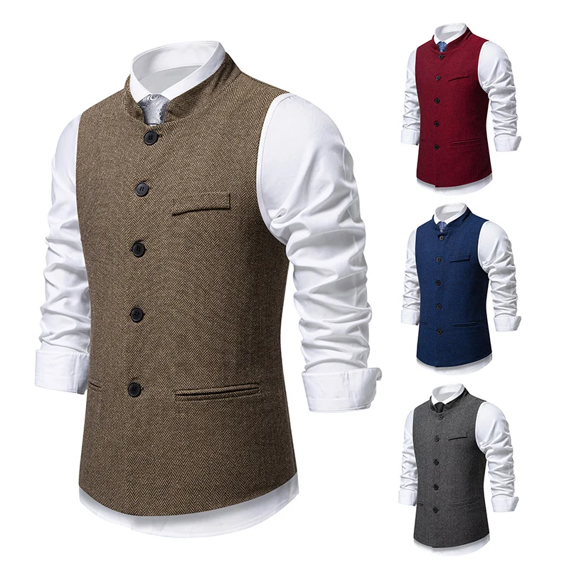 Herren Elegante Tweed-Weste mit Stehkragen und Fischgrätstruktur Nord Taschen