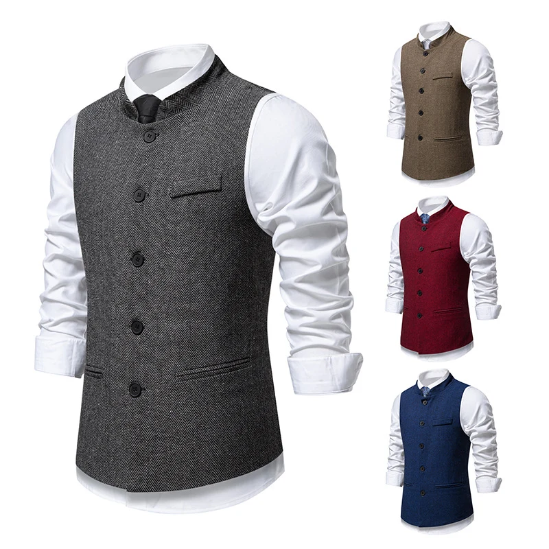 Herren Elegante Tweed-Weste mit Stehkragen und Fischgrätstruktur Nord Taschen