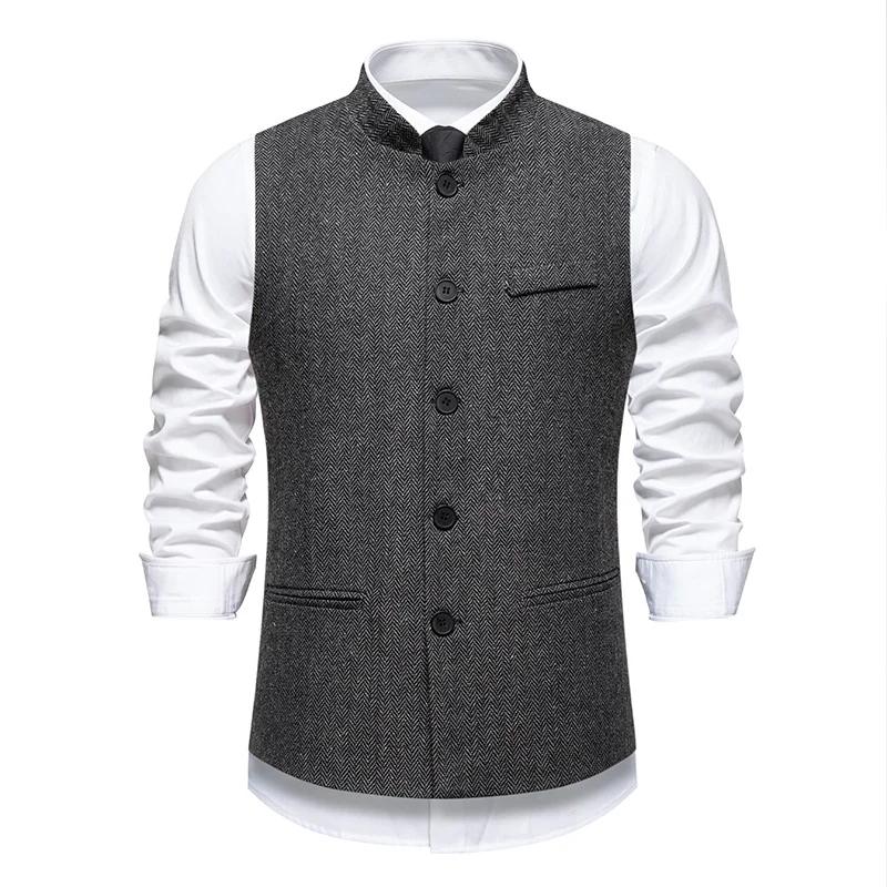 Herren Elegante Tweed-Weste mit Stehkragen und Fischgrätstruktur Nord Taschen