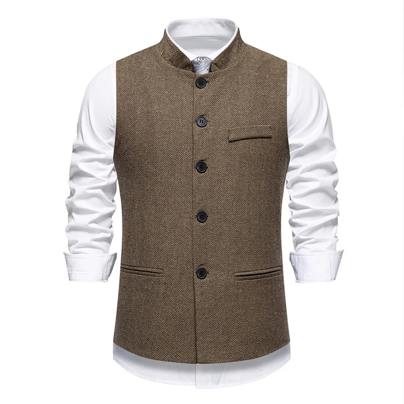 Herren Elegante Tweed-Weste mit Stehkragen und Fischgrätstruktur Nord Taschen