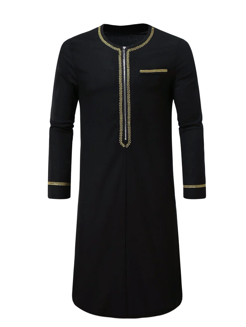 Herren Elegante Langtunika mit Rundhalsausschnitt, Frontreißverschluss und goldener Zierstickerei Nord Taschen