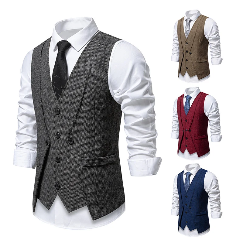 Herren Elegante Fischgräten-Tweedweste mit doppelreihiger Knopfleiste und Pattentaschen Nord Taschen