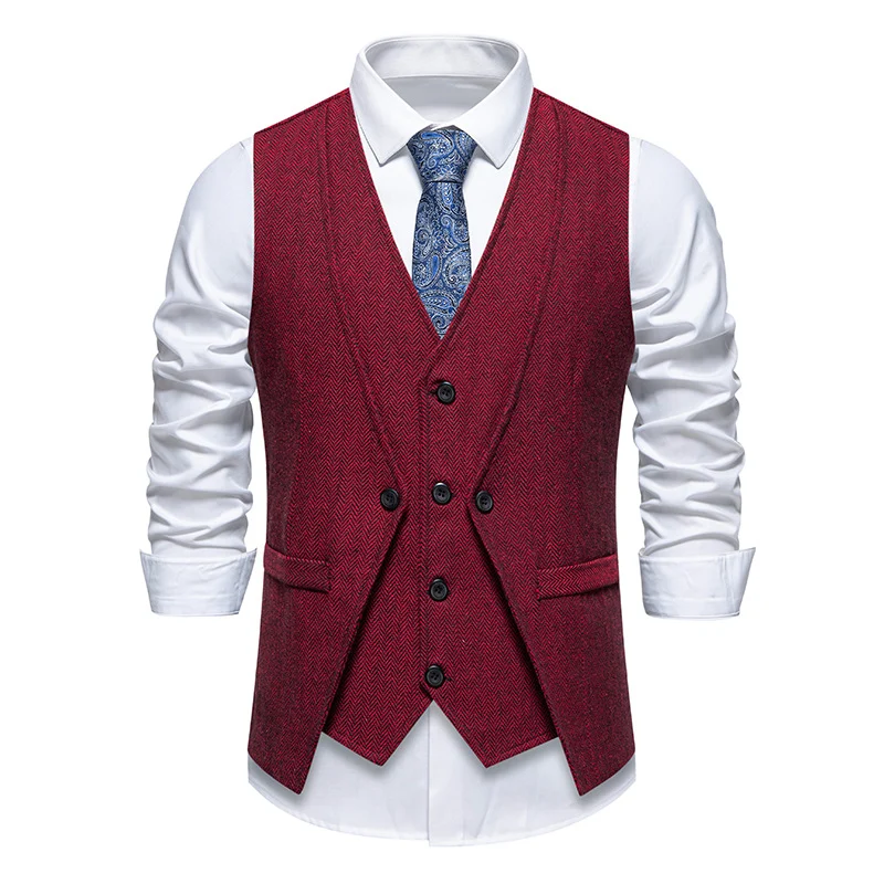 Herren Elegante Fischgräten-Tweedweste mit doppelreihiger Knopfleiste und Pattentaschen Nord Taschen