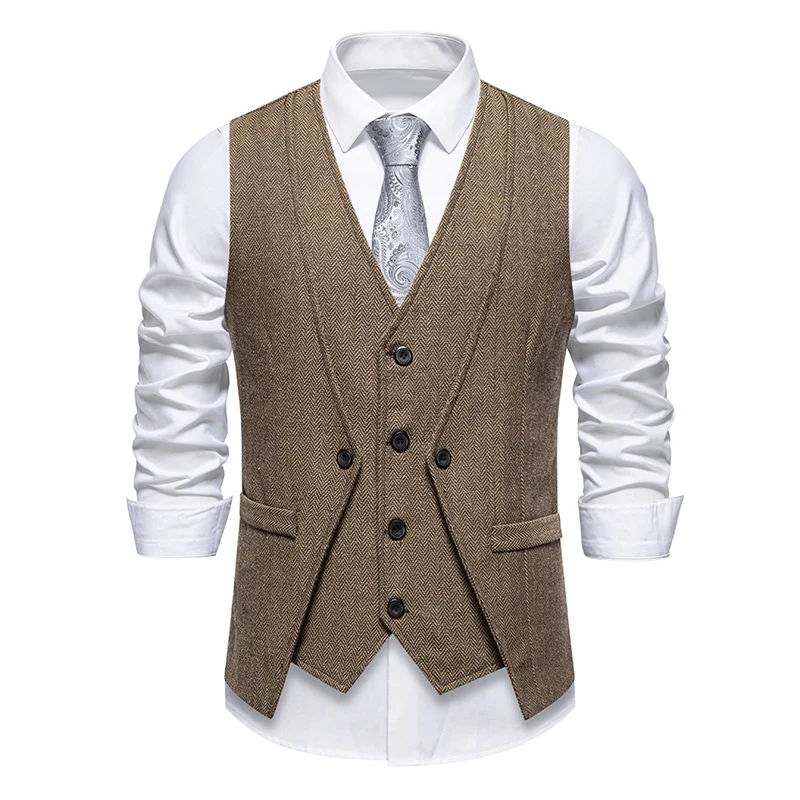Herren Elegante Fischgräten-Tweedweste mit doppelreihiger Knopfleiste und Pattentaschen Nord Taschen