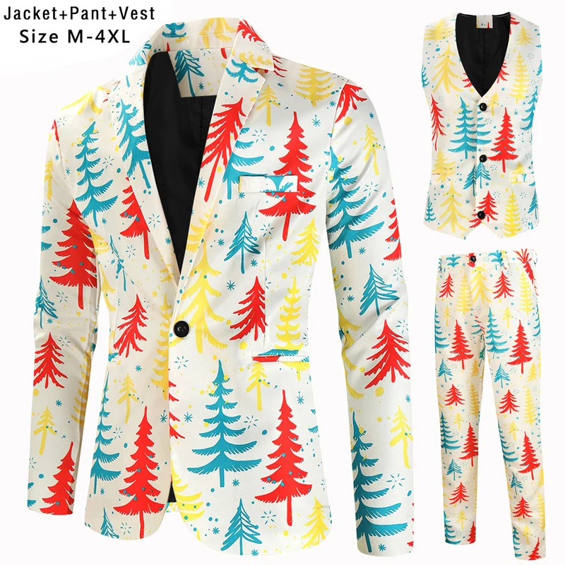 Herren Dreiteiliger Anzug mit festlichem Tannenbaum‑Print, tailliertes Sakko, Weste & Hose Nord Taschen