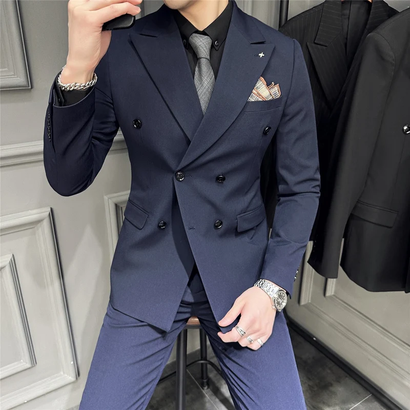 Herren Doppelreihiger Slim‑Fit Business‑Anzug mit tailliertem Sakko und schmaler Anzughose Nord Taschen