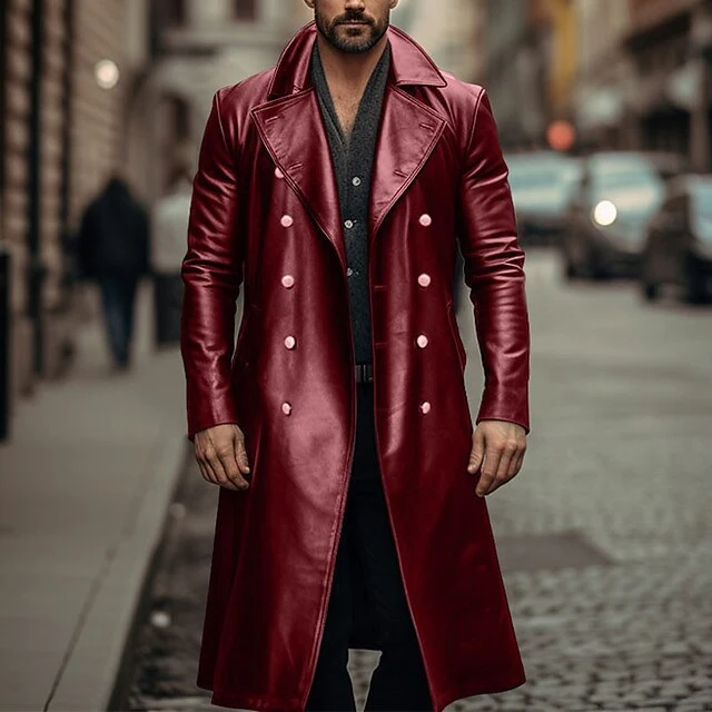Herren Doppelreihiger Ledermantel im Trenchcoat‑Stil mit schmaler Taille Nord Taschen