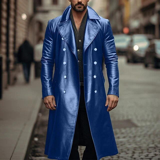 Herren Doppelreihiger Ledermantel im Trenchcoat‑Stil mit schmaler Taille Nord Taschen