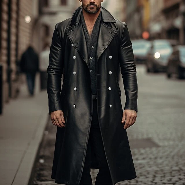 Herren Doppelreihiger Ledermantel im Trenchcoat‑Stil mit schmaler Taille Nord Taschen