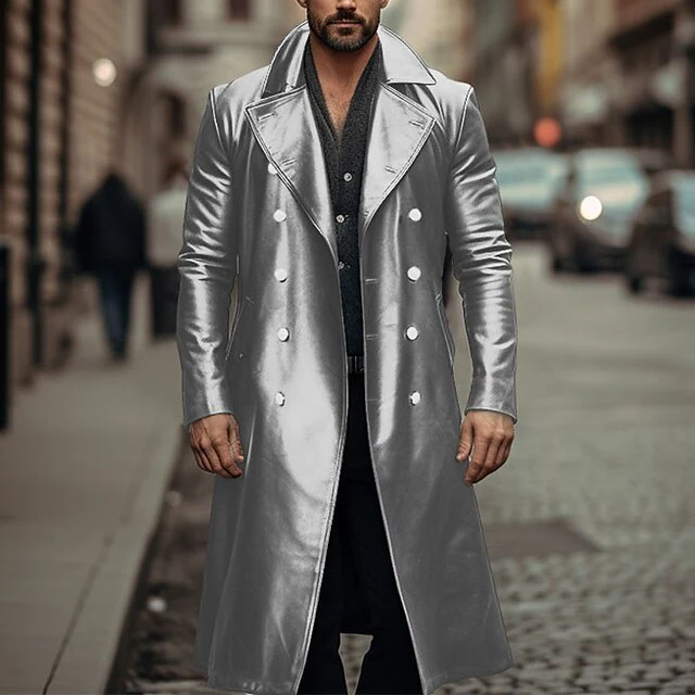 Herren Doppelreihiger Ledermantel im Trenchcoat‑Stil mit schmaler Taille Nord Taschen