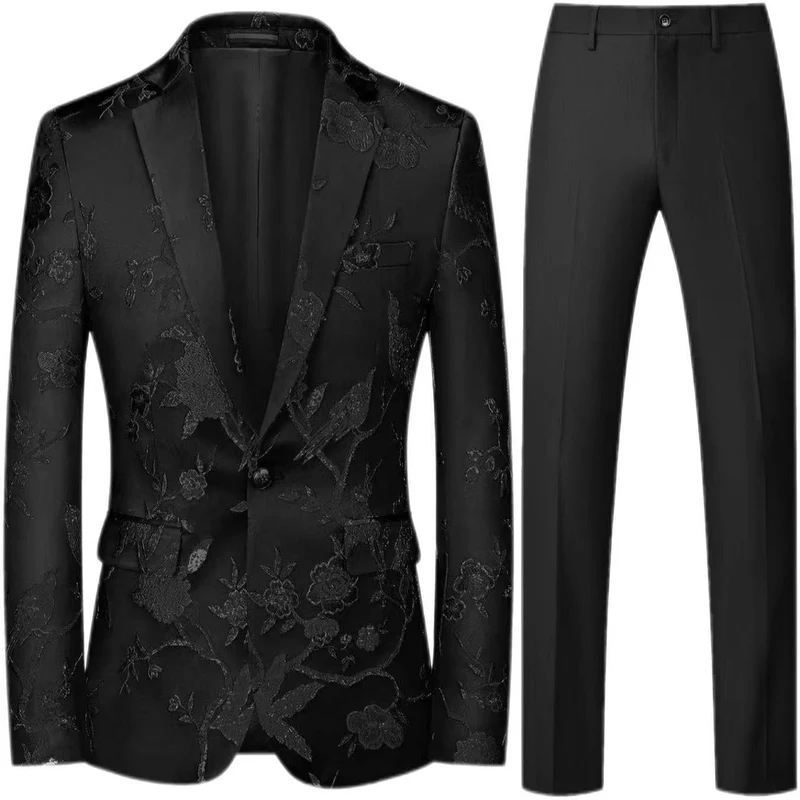 Herren Brokat-Sakko mit floralem Jacquard und Slim-Fit Anzughose Nord Taschen