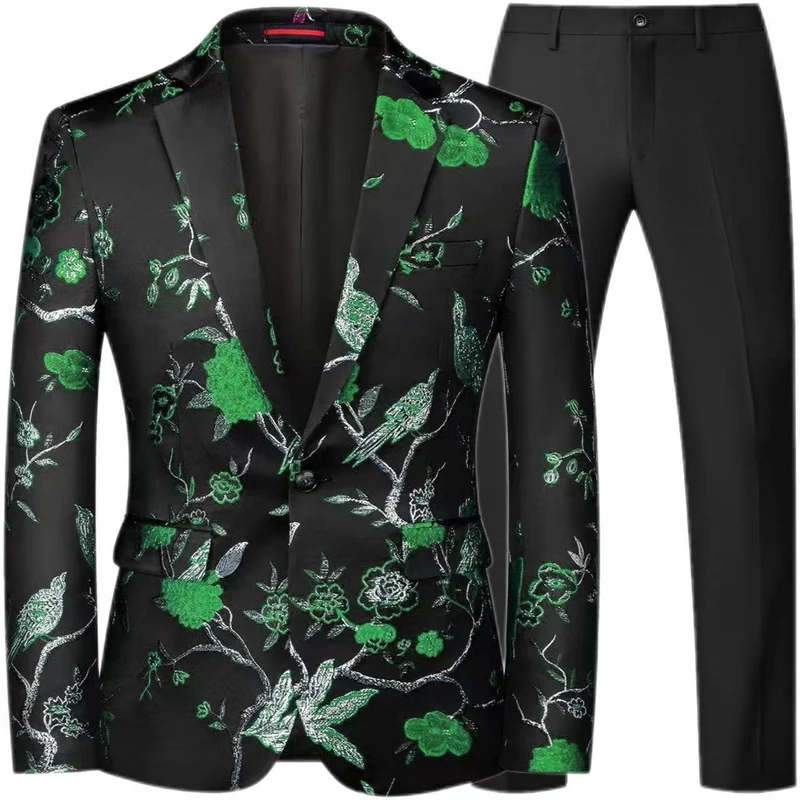 Herren Brokat-Sakko mit floralem Jacquard und Slim-Fit Anzughose Nord Taschen