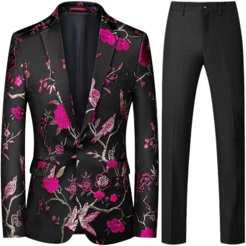 Herren Brokat-Sakko mit floralem Jacquard und Slim-Fit Anzughose Nord Taschen