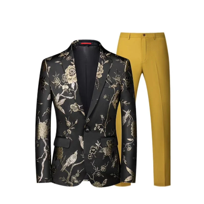 Herren Brokat-Sakko mit floralem Jacquard und Slim-Fit Anzughose Nord Taschen