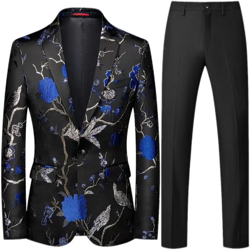Herren Brokat-Sakko mit floralem Jacquard und Slim-Fit Anzughose Nord Taschen