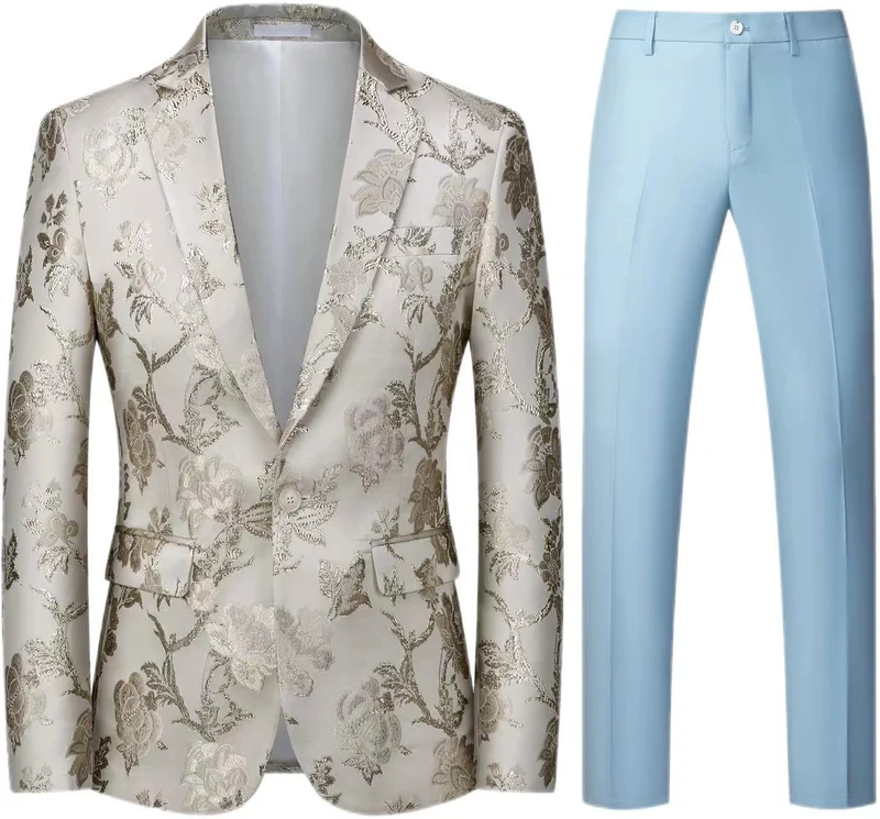 Herren Brokat-Sakko mit floralem Jacquard und Slim-Fit Anzughose Nord Taschen