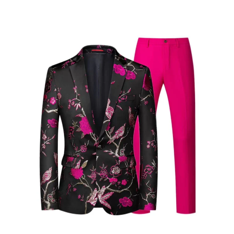 Herren Brokat-Sakko mit floralem Jacquard und Slim-Fit Anzughose Nord Taschen