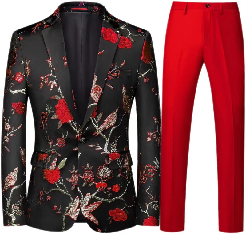 Herren Brokat-Sakko mit floralem Jacquard und Slim-Fit Anzughose Nord Taschen