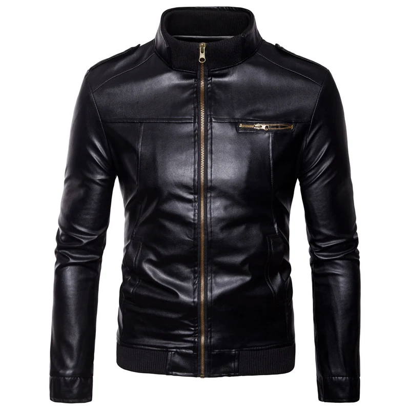 Herren Bikerinspirierte Kunstleder-Bomberjacke mit Stehkragen, Rippbündchen und Schulterpatten Nord Taschen