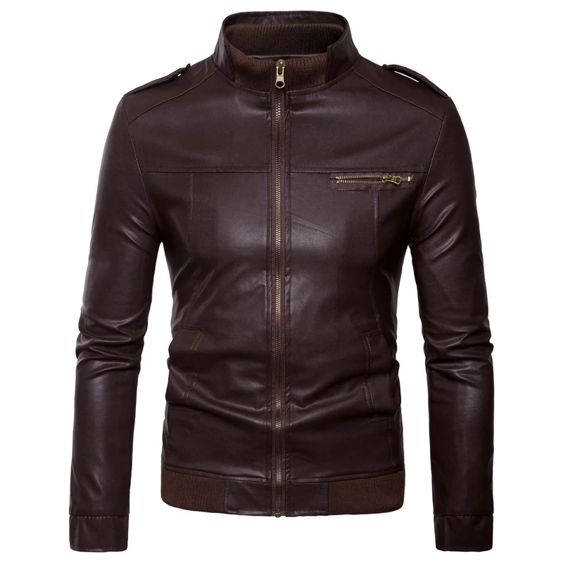 Herren Bikerinspirierte Kunstleder-Bomberjacke mit Stehkragen, Rippbündchen und Schulterpatten Nord Taschen