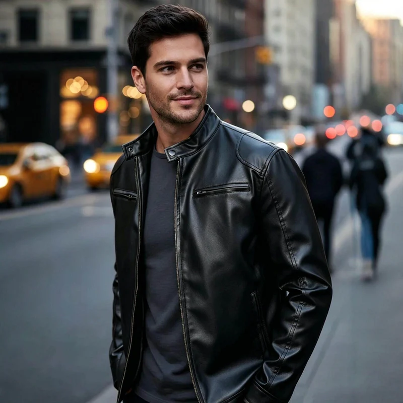 Herren Biker‑Style Kunstlederjacke mit Stehkragen und Reißverschlusstaschen Nord Taschen