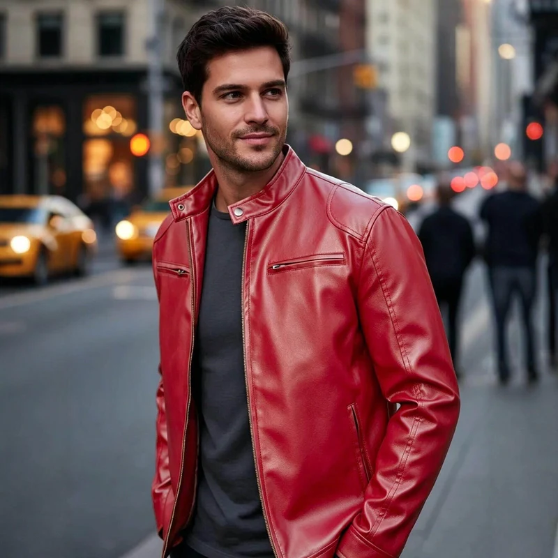 Herren Biker‑Style Kunstlederjacke mit Stehkragen und Reißverschlusstaschen Nord Taschen